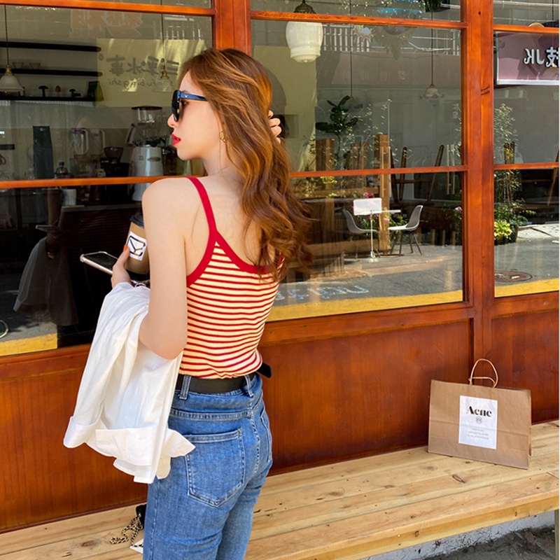 IELGY Áo Dệt Kim Không Tay Dáng Ôm Họa Tiết Kẻ Sọc Phong Cách hong kong Thời Trang Cho Nữ