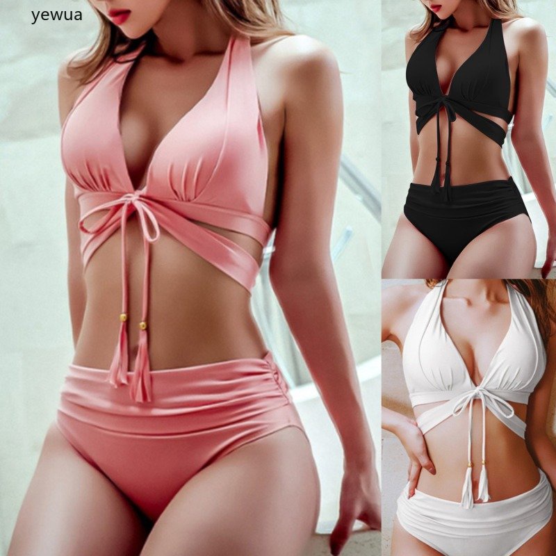 Bộ Đồ Bơi Bikini Lưng Cao Có Đệm Nâng Ngực Màu Sắc Tinh Khiết Quyến Rũ Cho Nữ