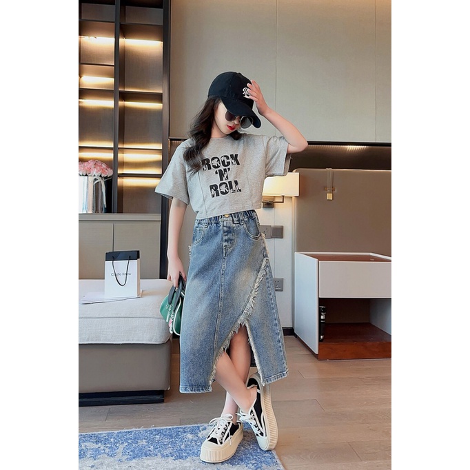 Set Áo Thun Ngắn Tay Và Chân Váy Denim Thời Trang Mùa Hè Cho Bé Gái