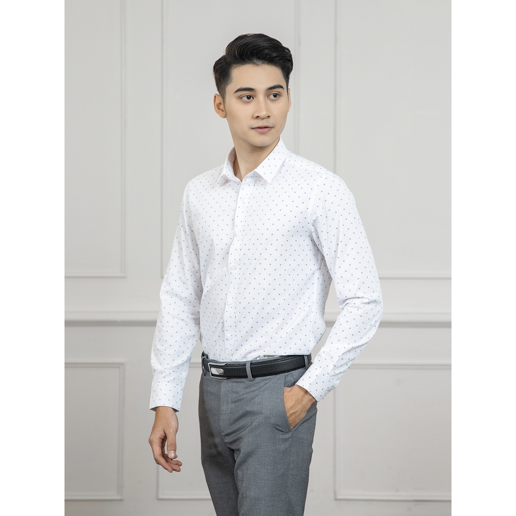 Áo sơ mi dài tay ARISTINO phom Slim fit ôm nhẹ thiết kế tà lượn, không có túi ngực, màu trắng in họa tiết - ALS01901