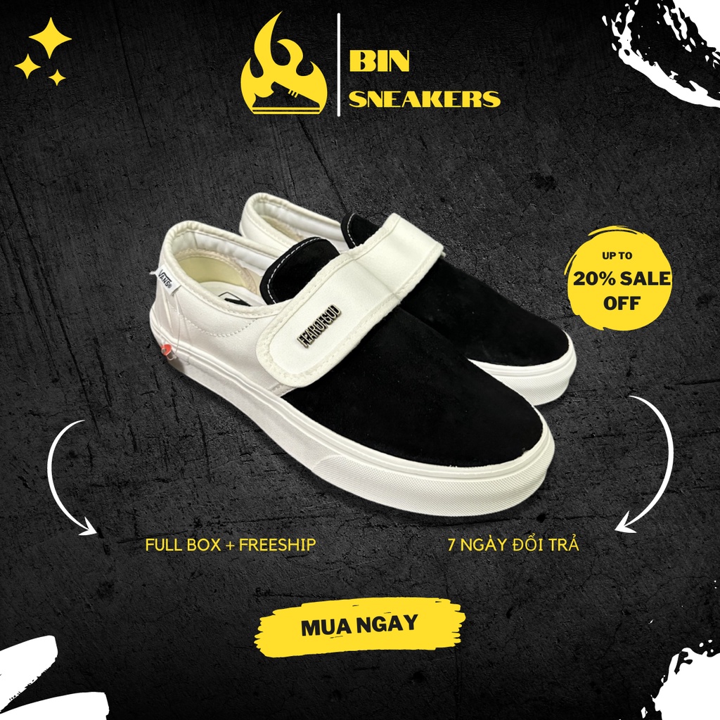 Giày Thể Thao Vans Slip On Strap Fear of God Đen Trắng Khóa Dán Nam Nữ Full Box - Giày Lười Vans Slip On Hot Hit 2022