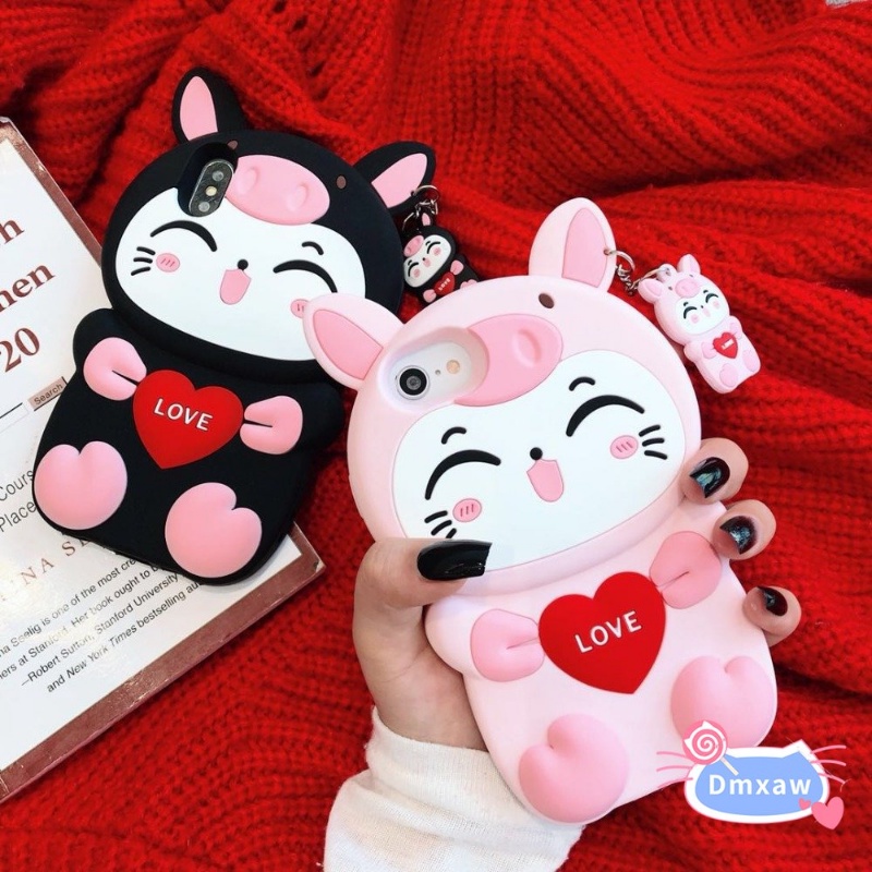 Ốp Điện Thoại Silicon Hình Heo / Mèo May Mắn 3D Cho iPhone 6 6s X XR Xs 11 12 13 Pro Max 7 8 Plus