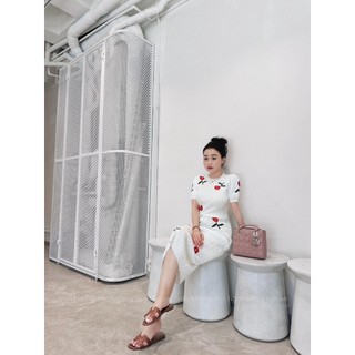 Váy len hoa nổi vai bồng 