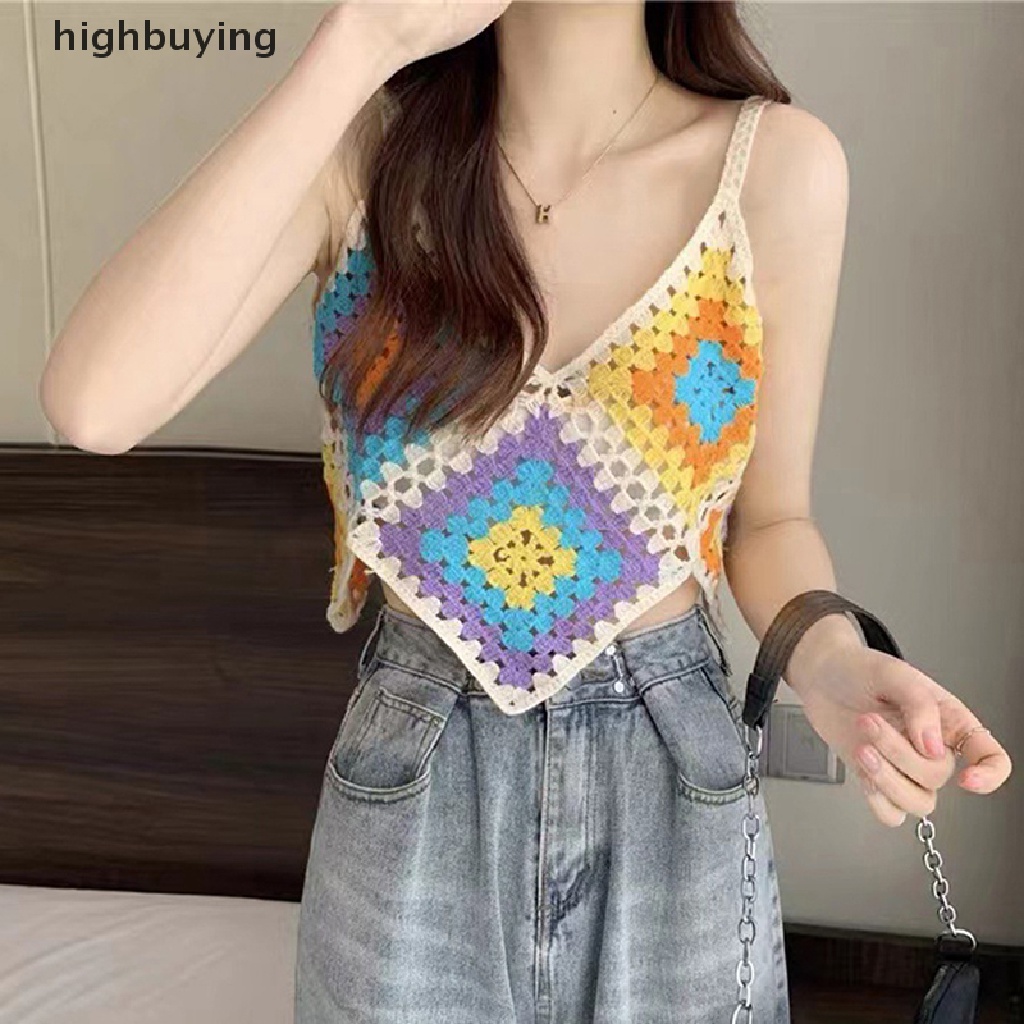 Áo Hai Dây Dệt Kim Cổ Chữ V Thêu Họa Tiết Phong Cách Retro Cho Nữ