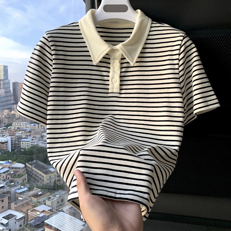 COZOKC Áo polo Tay Ngắn Dáng Ôm Kẻ Sọc Kiểu Vintage Cá Tính