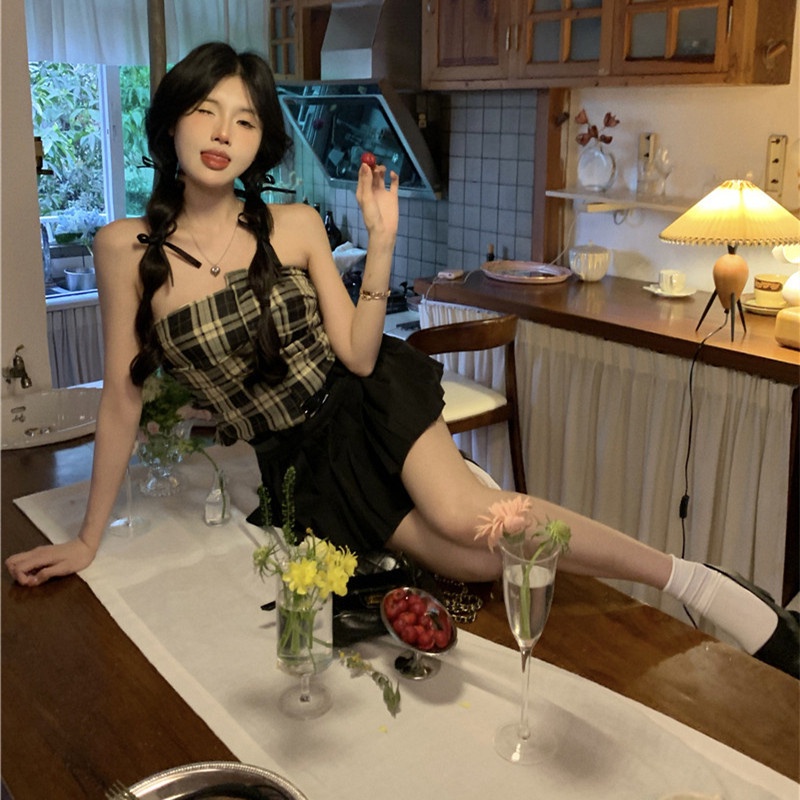 Áo Lửng Không Tay Họa Tiết Ca Rô Thời Trang Quyến Rũ Dành Cho Nữ