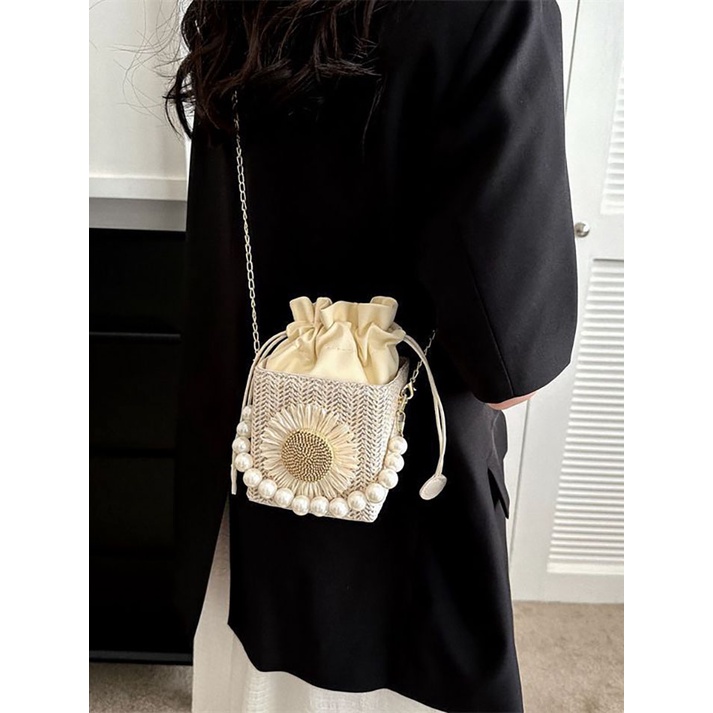 Túi Xách JASMIN NOIR Đeo Chéo Đan Lát Hình Vuông Đính Ngọc Trai Thời Trang Cho Nữ