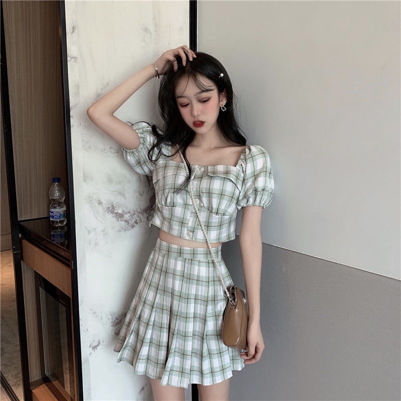 One Set Áo Trễ Vai Và Chân Váy Chữ A Họa Tiết Sọc Caro Màu Xanh Matcha Thời Trang Mùa Hè Xinh Xắn Cho Nữ