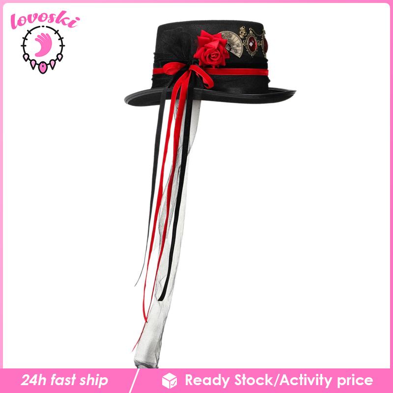 Mũ Vải Tuyn Hóa Trang Hoa Hồng Đỏ Phong Cách Steampunk Gothic Cho Nam Và Nữ