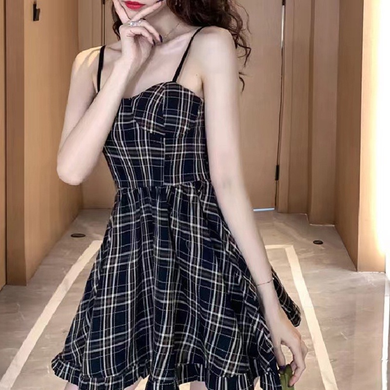 IELGY  Đầm Hai Dây Mỏng Dáng Ôm Và Ngắn Họa Tiết Kẻ Sọc IELGY   Phong Cách Hàn Quốc Dễ Phối Đồ Dành Cho Bạn Nữ