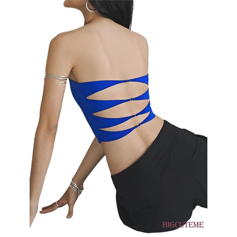 [] - Áo Crop Top Không Tay Hở Lưng Ôm Dáng Màu Trơn Buộc Dây Màu Trơn Mùa Hè Cho Nữ - Trắng / Đen / Xanh Dương