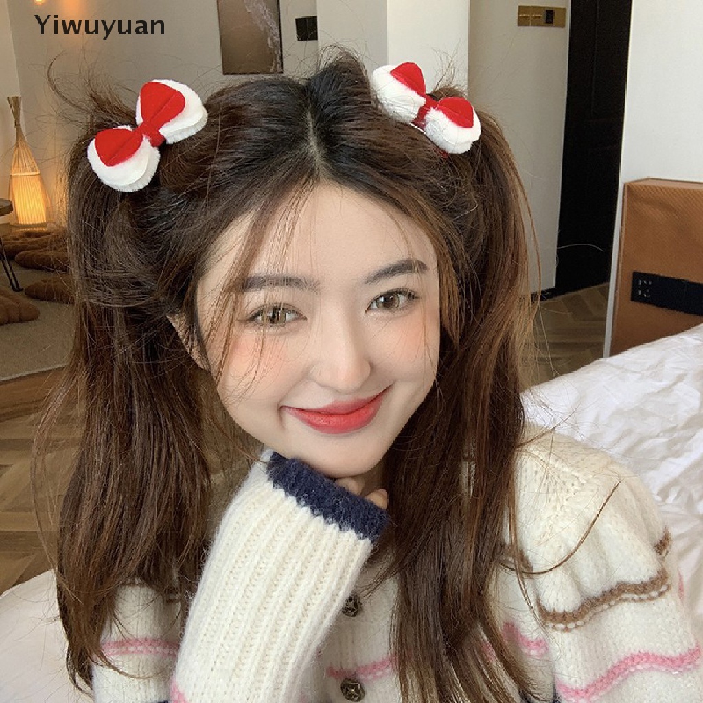 < Yiwuyuan > Kẹp Tóc Nơ Vải Lông Màu Trắng Đỏ Đáng Yêu Thời Trang Thu Đông Dành Cho Bé Gái