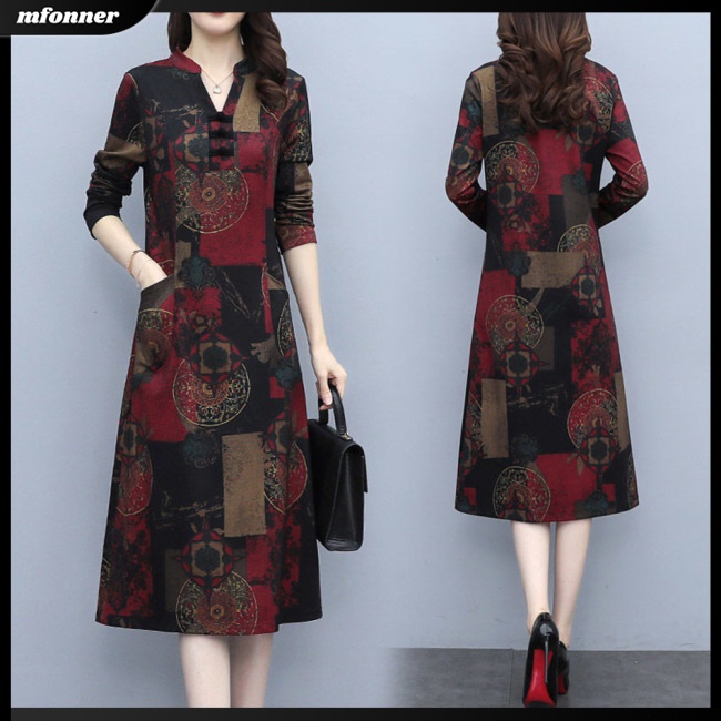 Đầm Dài Tay Cổ Chữ V Form Rộng Phong Cách Retro Cho Nữ