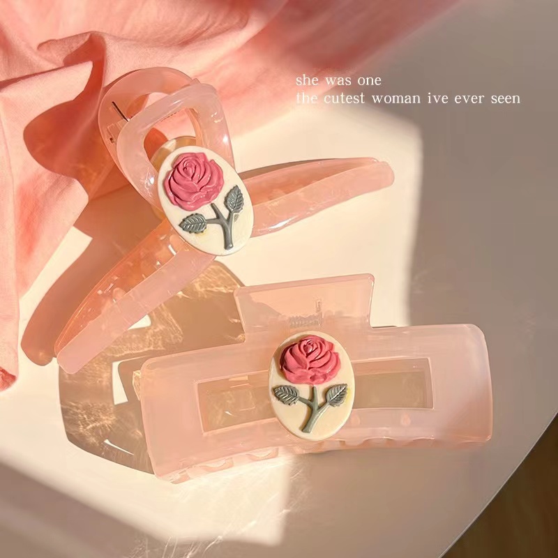 Kẹp Tóc Càng Cua Hình Vuông Lớn Bằng Acrylic In Họa Tiết Hoa Hồng Dễ Thương Cho Nữ
