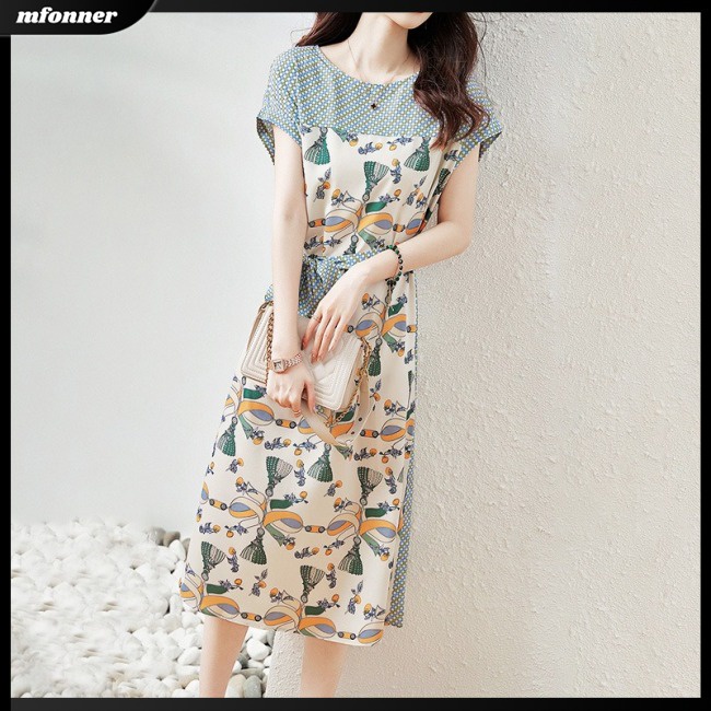 Đầm Midi Giả Hai Lớp Dáng Chữ A Tay Ngắn Cổ Tròn Màu Sắc Tương Phản Thời Trang Cho Nữ