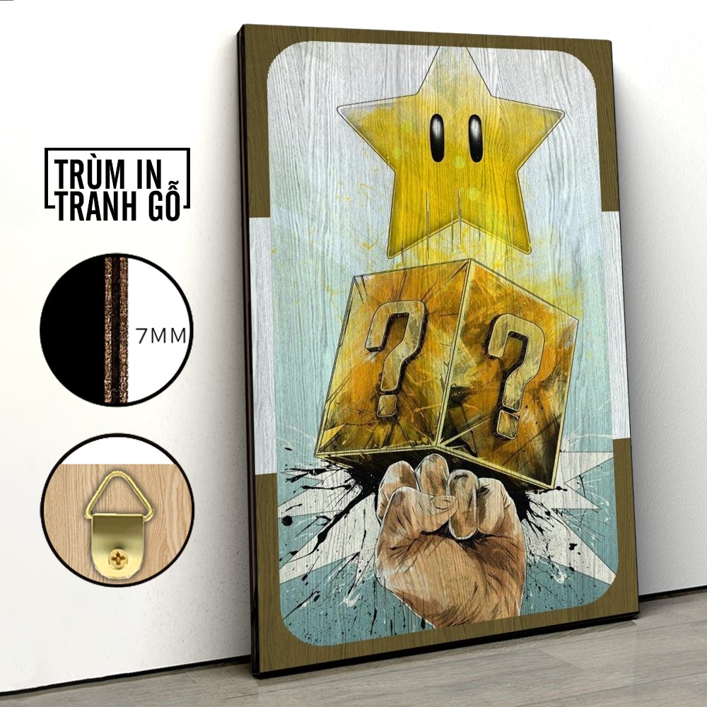 Tranh in gỗ trang trí nội thất Wrightz Mario Hộp Bí Ẩn Ngôi Sao Game Nintendo decor phòng ngủ phòng khách văn phòng