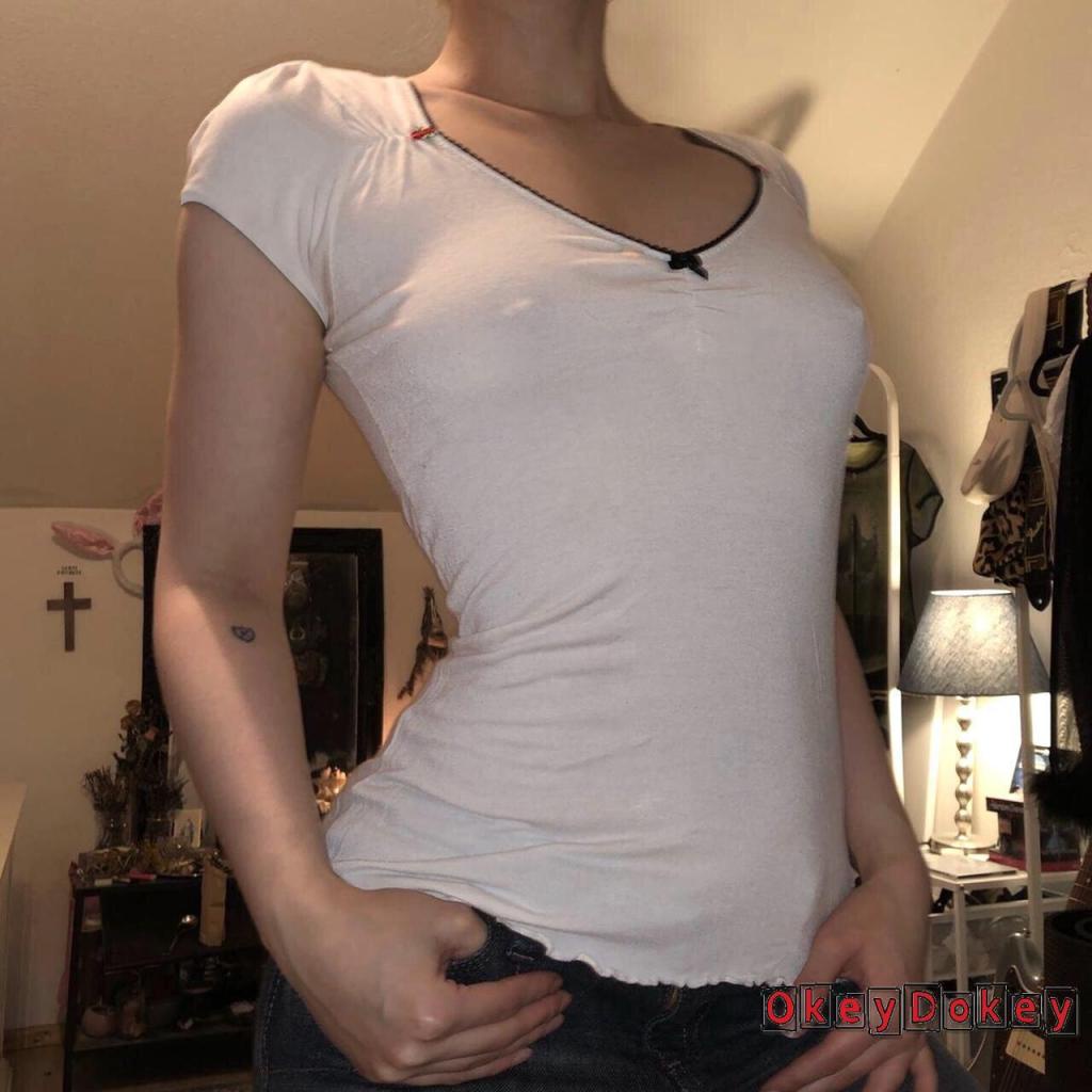 Áo Crop Top Ôm Dáng Cổ Chữ V Phong Cách Retro Vintage Dành Cho Nữ