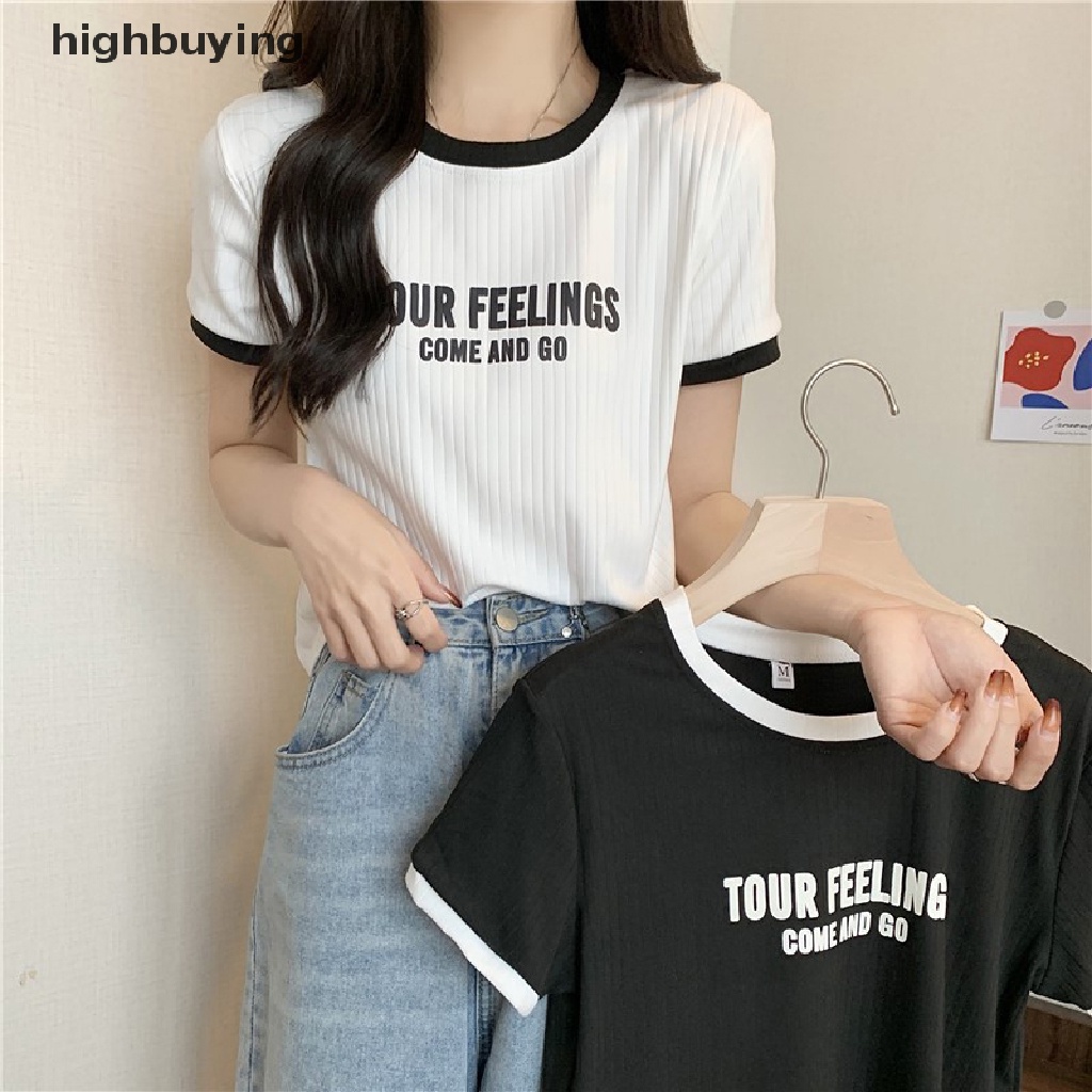Áo Thun Tay Ngắn Cổ Tròn In Chữ Màu Sắc Tương Phản Thời Trang Mùa Hè Cho Nữ