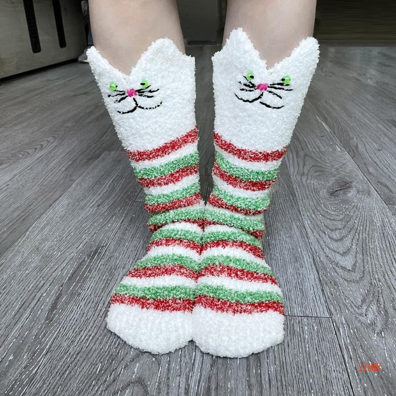 Tất Giữ Ấm Chân Họa Tiết Kẻ Sọc Phối Hình Mèo Dễ Thương Cho Nam Và Nữ