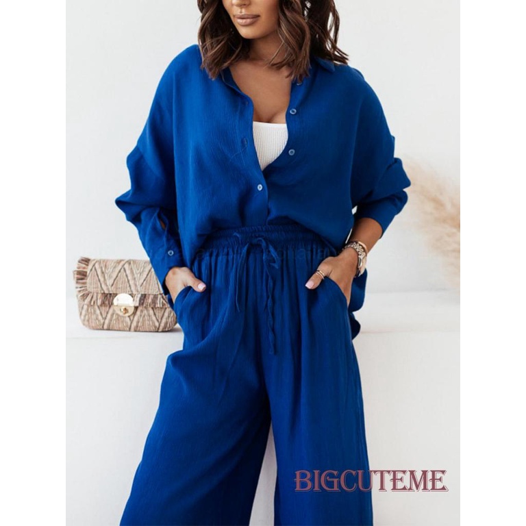 Set Đồ Mùa Xuân 2 Món Gồm Áo Sơ Mi Cổ Bẻ Tay Dài Cổ Bẻ Màu Trơn + Quần ống rộng Cho Nữ