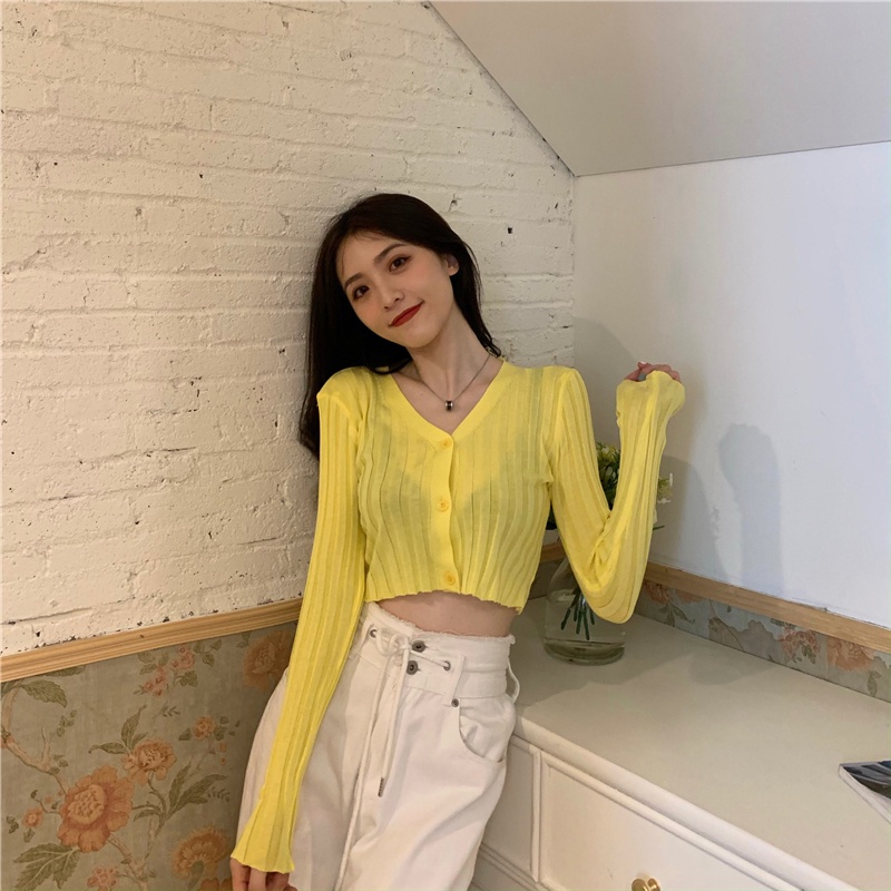 621086 Áo Khoác Cardigan Dệt Kim Mỏng Tay Dài Dáng Ngắn Thời Trang Trẻ Trung