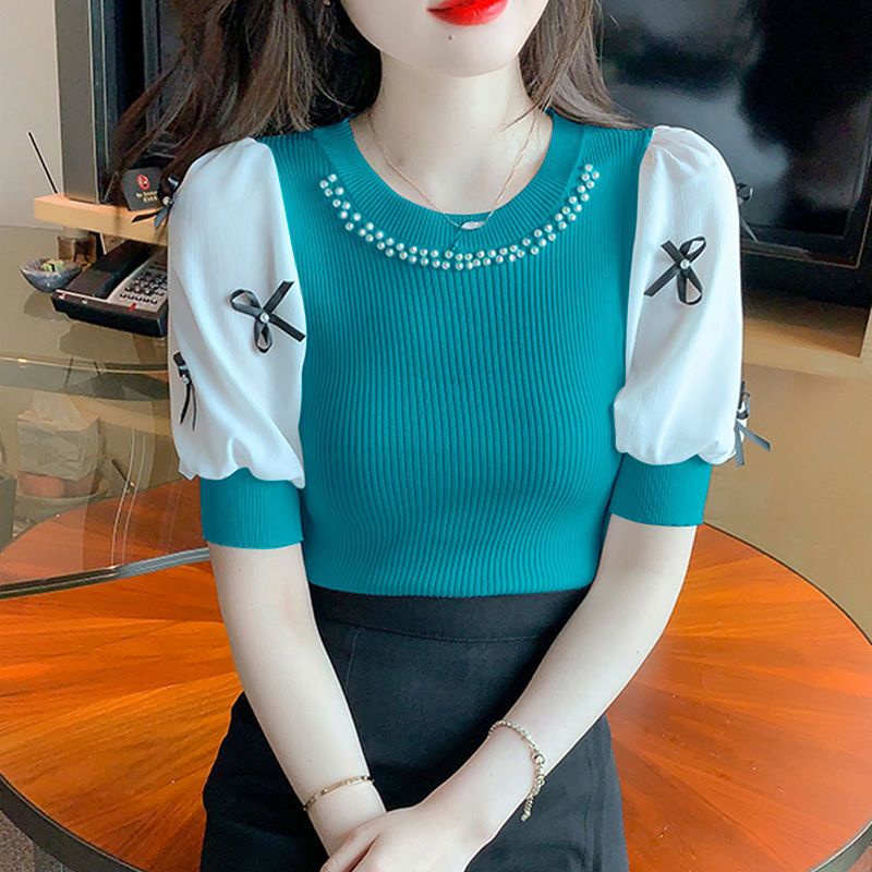 Áo Thun Dệt Kim Tay Ngắn Phồng Thời Trang Mùa Hè Dành Cho Nữ