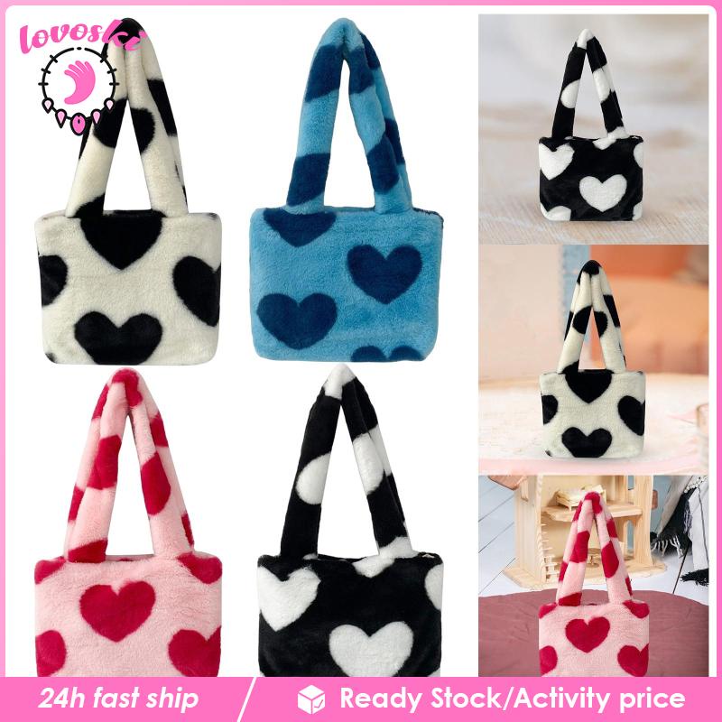 Túi Tote Đeo Vai Phủ Lông Họa Tiết Trái Tim Dễ Thương Thời Trang Cho Bạn Gái