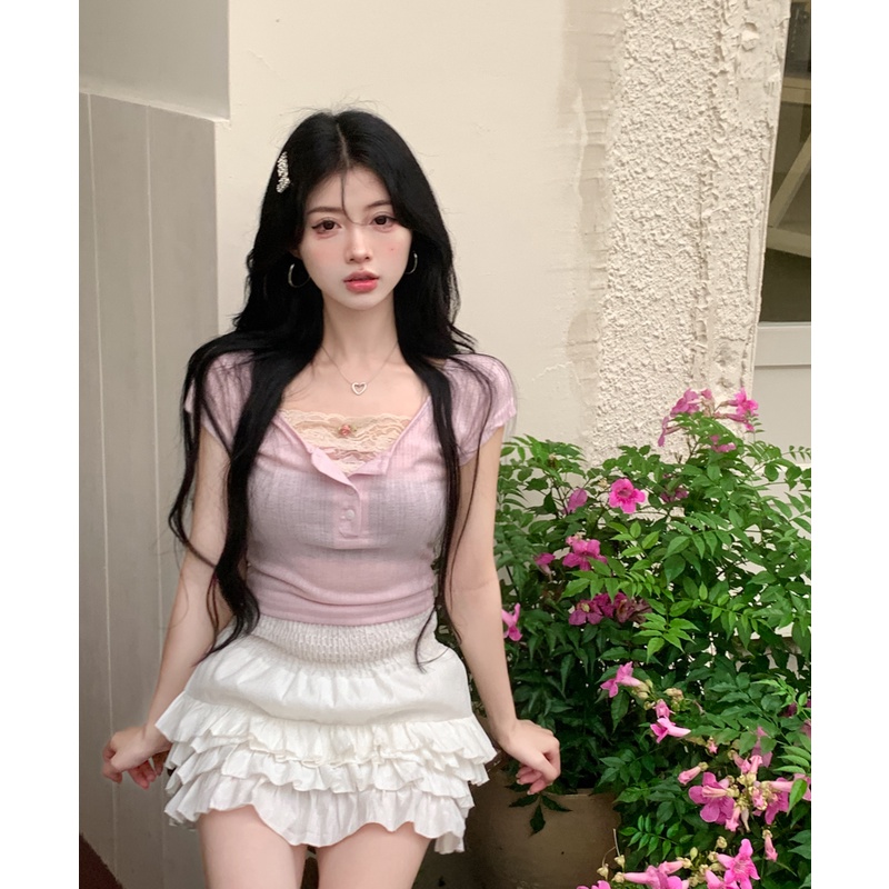 Áo Thun Tay Ngắn Dáng Ôm Phối Ren Hoa Thiết Kế Thanh Lịch