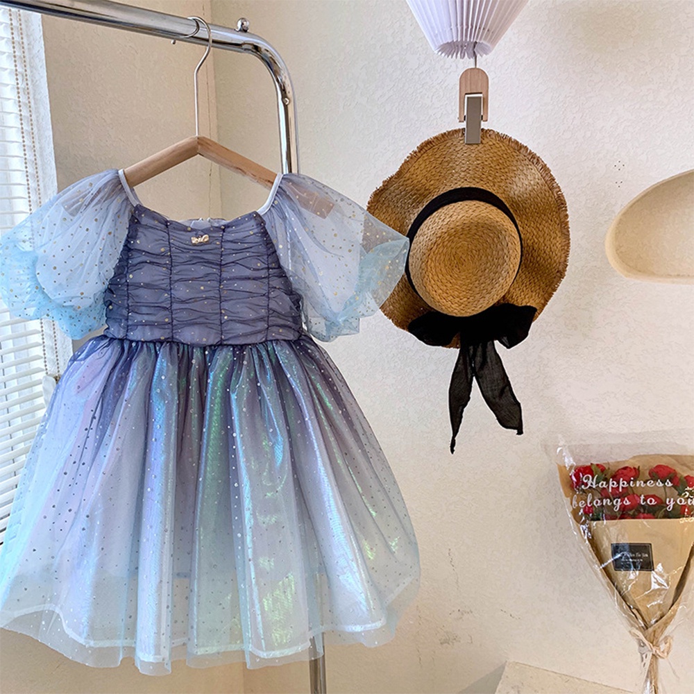 BEAR LEADER Đầm Xếp Ly Tay Phồng Màu Xanh Gradient Mẫu Mới 2023 Thời Trang Mùa Hè Cho Bé Gái 2-7 Tuổi