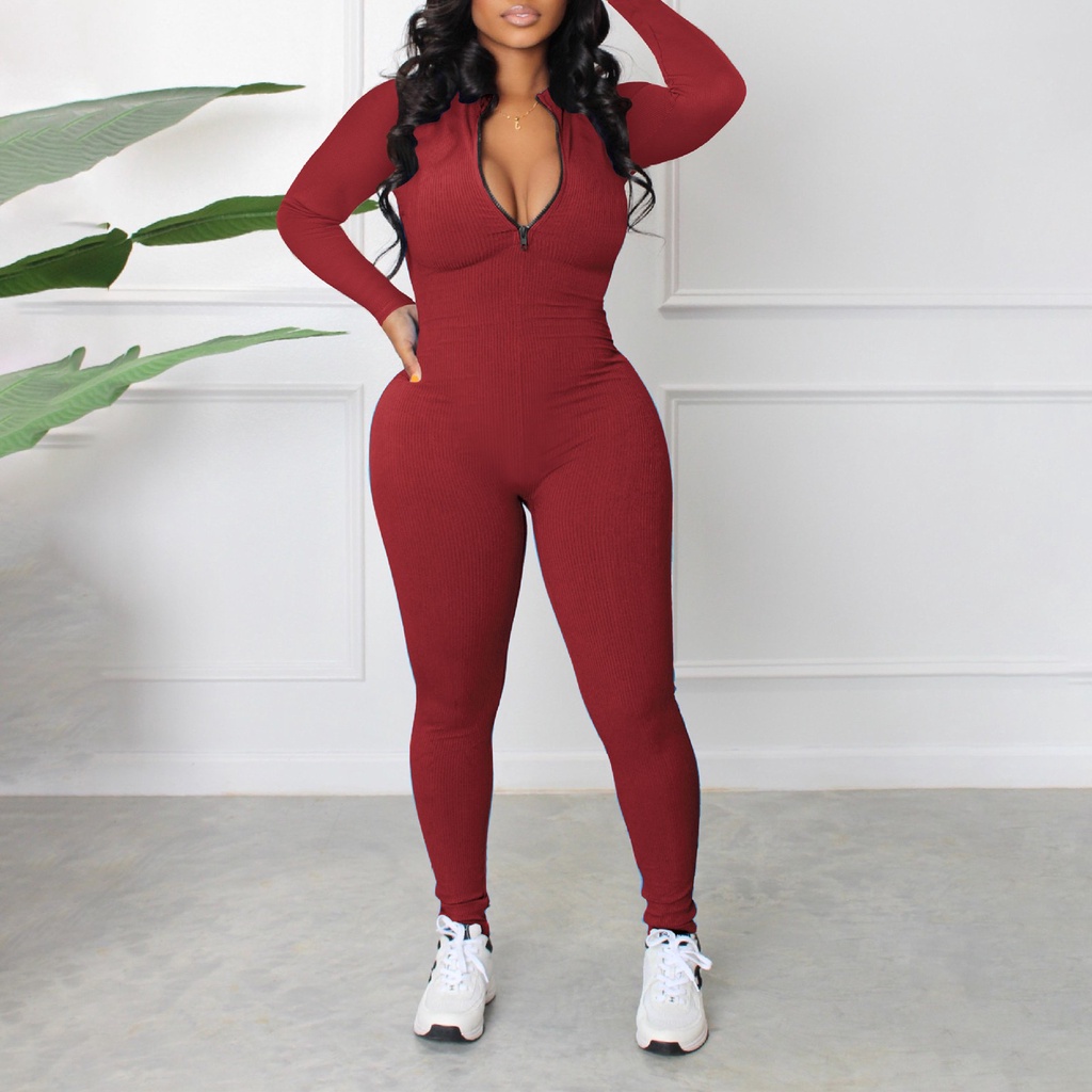 [MM0411] Áo Liền Quần Tay Dài Cổ Đứng Có Dây Kéo Màu Trơn Dành Cho Nữ