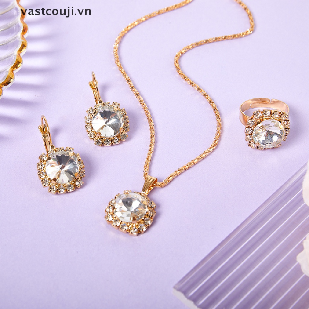 1 Set Vòng cổ + Nhẫn + Bông Tai Pha Lê Tròn Nhiều Màu Phong Cách Hàn Quốc Thời Trang Cho Nữ