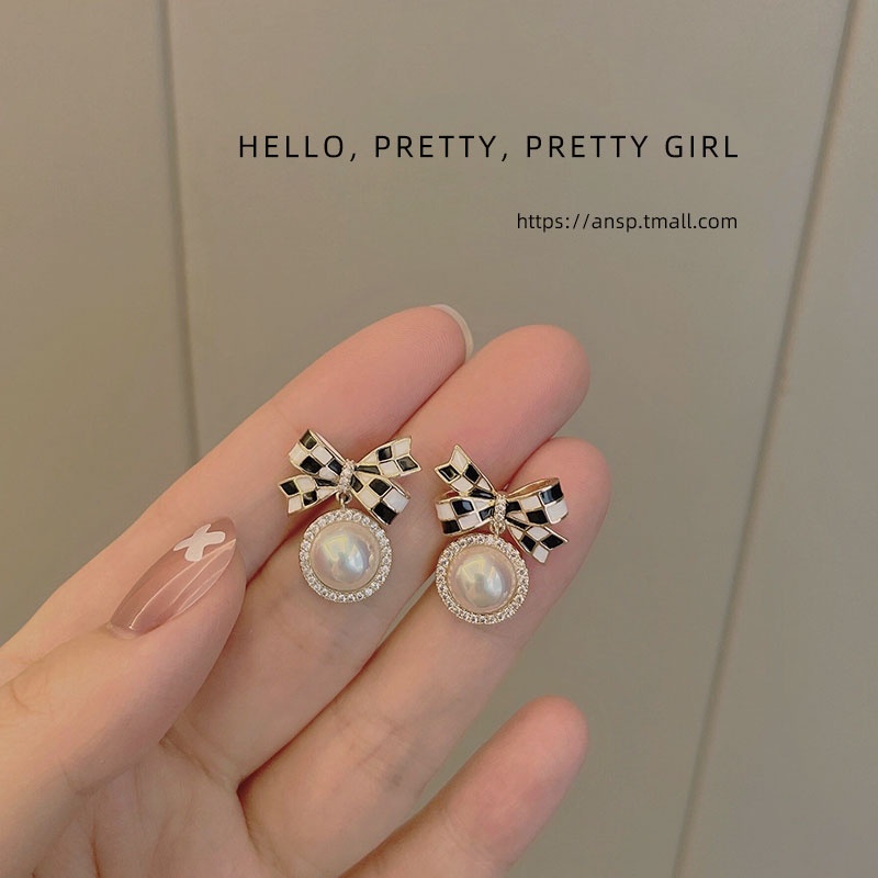 Bông Tai Mạ Bạc 925 Hình Nơ Đính Ngọc Trai Trắng Đen Sang Trọng