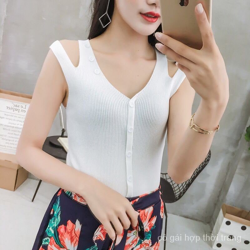 Áo Hai Dây Dệt Kim Mỏng Mùa Hè Cổ Chữ V Phong Cách Mới 0eyh