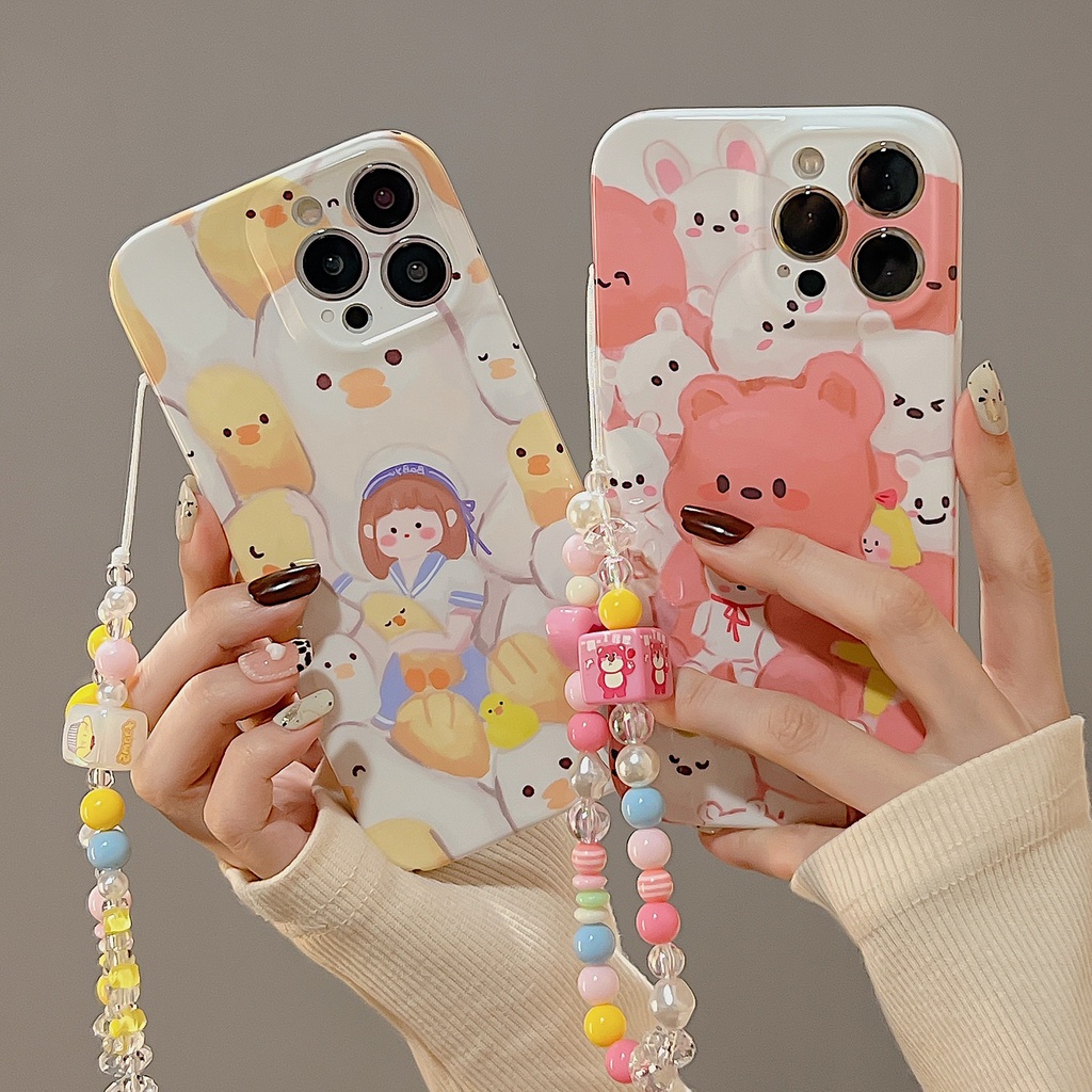 Ốp Điện Thoại TPU Dẻo Họa Tiết Gấu / Vịt / Dây Đeo Ngọc Trai Dễ Thương Cho iphone 14 13 11 12 Pro Max