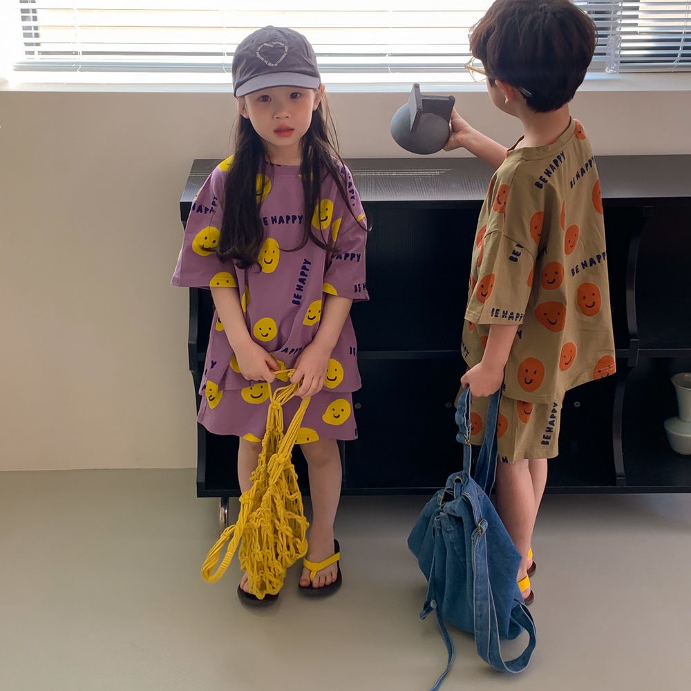 Set Áo Thun Ngắn Tay In Hình Mặt Cười + Quần short Thời Trang Cho Bé