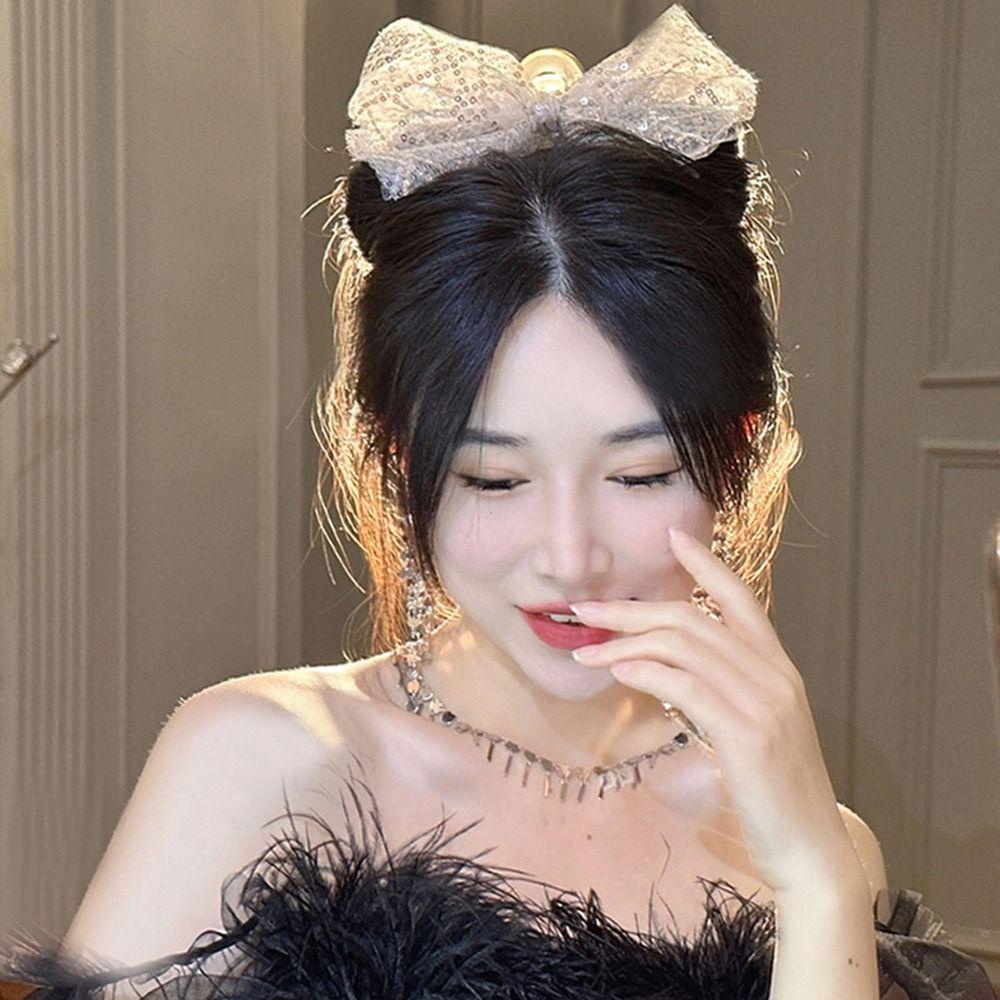 ANEMONE Kẹp Tóc Nơ Bằng Acrylic Phối Lưới Đính Kim Sa Lấp Lánh Thời Trang Hàn Quốc