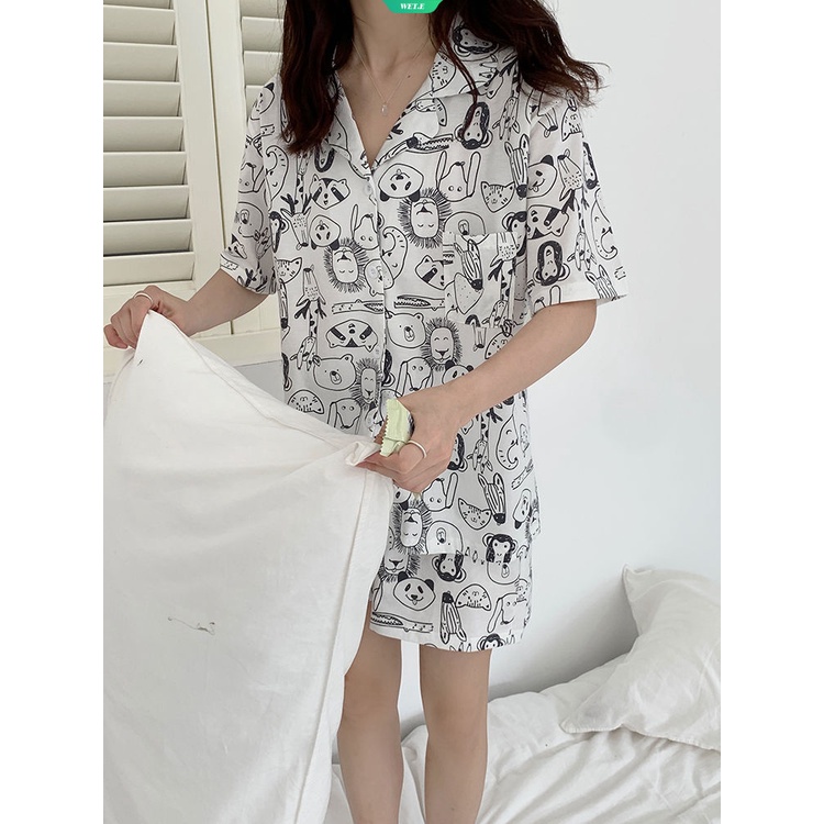 Bộ Đồ Ngủ Tay Ngắn In Họa Tiết Hoạt Hình Động Vật Dễ Thương Thời Trang Mùa Hè 2023 Cho Nữ