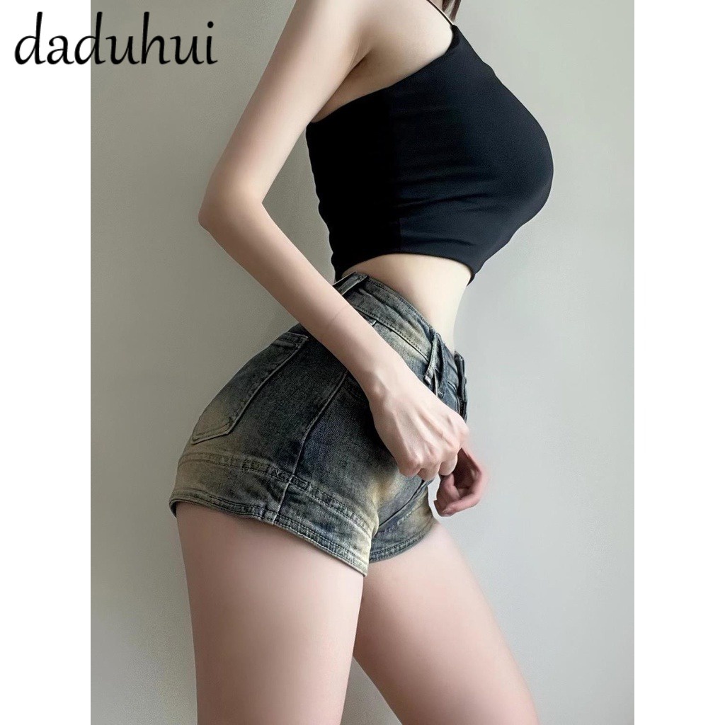 Daduhui New Korean Version of INS Retro Washed Denim Shorts Niche High Waist A- line Pants Buttocks Hot Pants