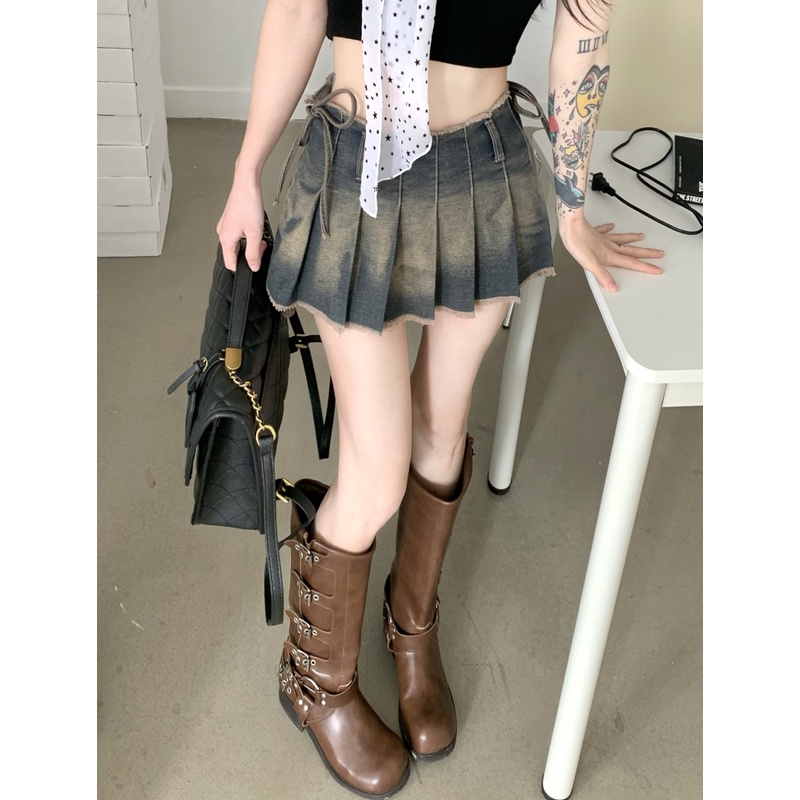 Chân Váy Denim Dáng Chữ A Lưng Cao Xếp Ly Thời Trang