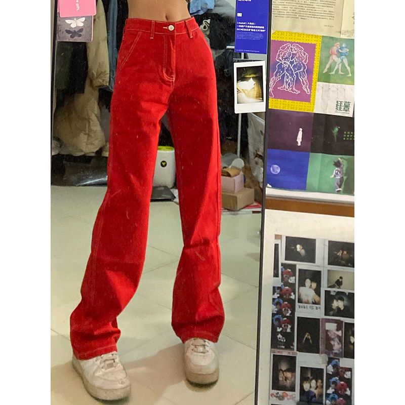 Quần Jean Nữ Lưng Cao Ống Rộng Phong Cách Đường Phố Mỹ Cá Tính