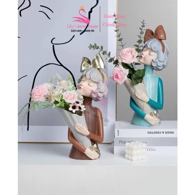 Tượng lọ cắm hoa cô gái bê khay đựng đồ decor Lọ hoaLily's decor house Phong cách Bắc Âu trang trí phòng khách