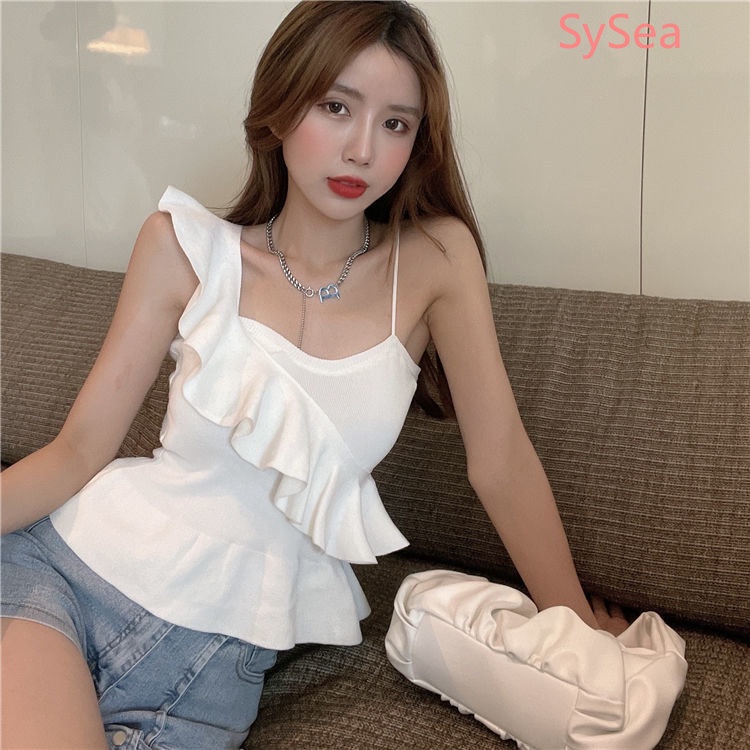 Áo Hai Dây Dệt Kim Phối Ren Nhún Bèo Thời Trang Mùa Hè Xinh Xắn Cho Nữ