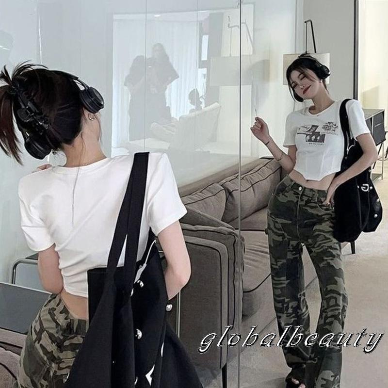 Áo Thun Crop Top Tay Ngắn Cổ Tròn Dáng Ôm In Họa Tiết Phong Cách Vintage Dành Cho Nữ