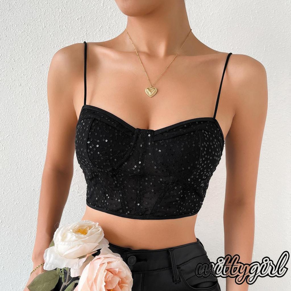 Áo Croptop Lưới Không Tay Hở Lưng Khoét Sâu Đính Kim Sa Lấp Lánh Thời Trang Mùa Hè Cho Bạn Gái