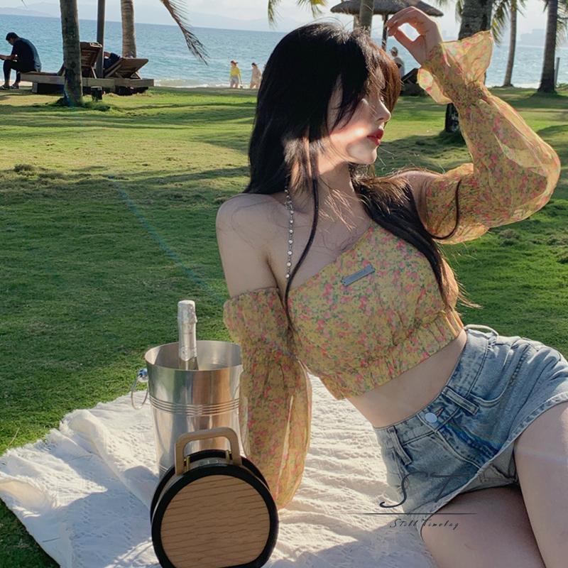 Áo Croptop Trễ Vai Tay Dài In Họa Tiết Hoa Thời Trang Quyến Rũ Cho Nữ