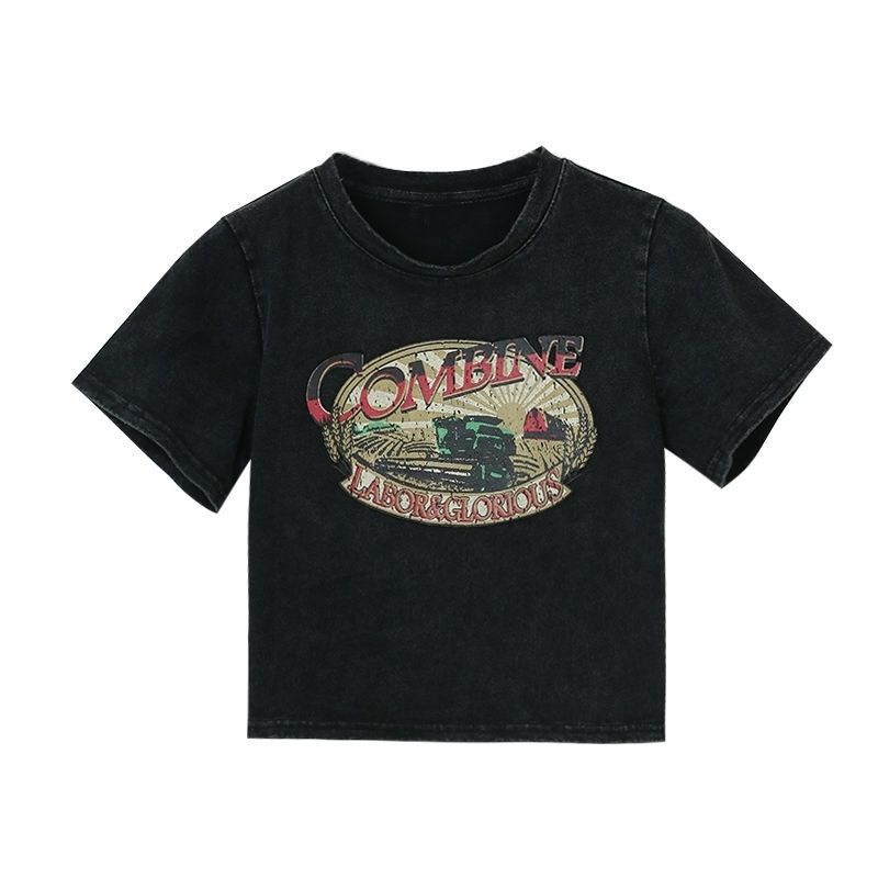 Áo Thun Croptop Tay Ngắn Màu Đen In Họa Tiết Vintage Mỹ Thời Trang Mùa Hè Cho Nữ