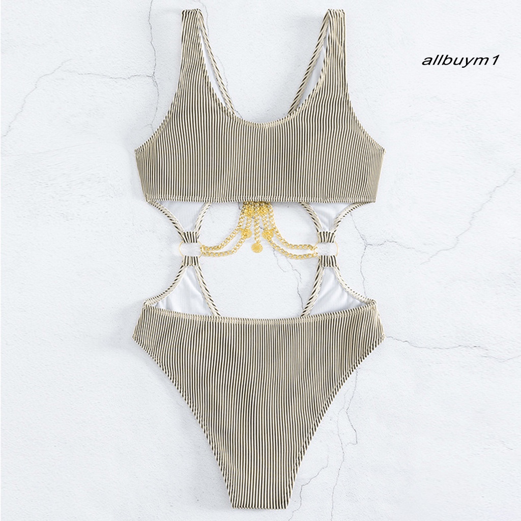 Bộ Đồ Bơi Một Mảnh Thể Thao Không Tay Cổ Chữ V Họa Tiết Kẻ Sọc Khoét Rỗng Ôm Dáng Phối Dây Xích Trang Trí Cho Nữ