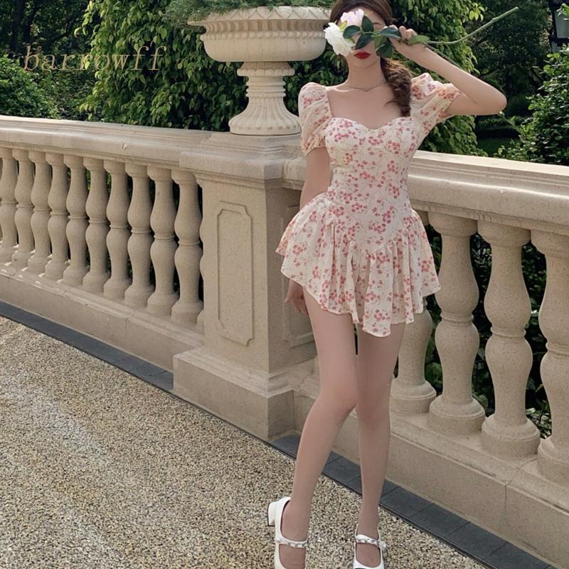 Brroa Đầm Tay Ngắn Phồng Cổ Vuông Xếp Ly Viền Bèo Nhún In Họa Tiết Hoa Phong Cách Pháp Cổ Điển Thời Trang Cho Nữ