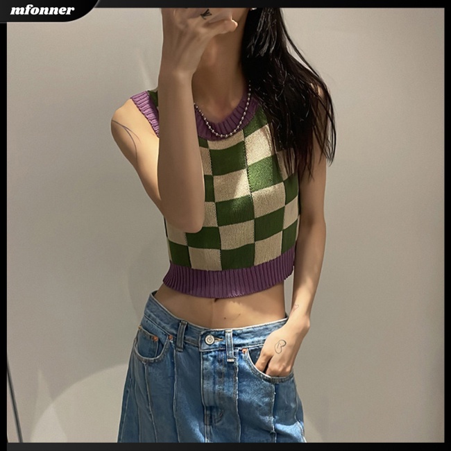 Áo Croptop Dệt Kim Không Tay Cổ Tròn In Họa Tiết Bảng Thời Trang Cho Nữ