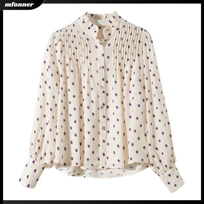 Áo Sơ Mi Chiffon Cổ Đứng Tay Dài Họa Tiết Chấm Bi Dành Cho Nữ